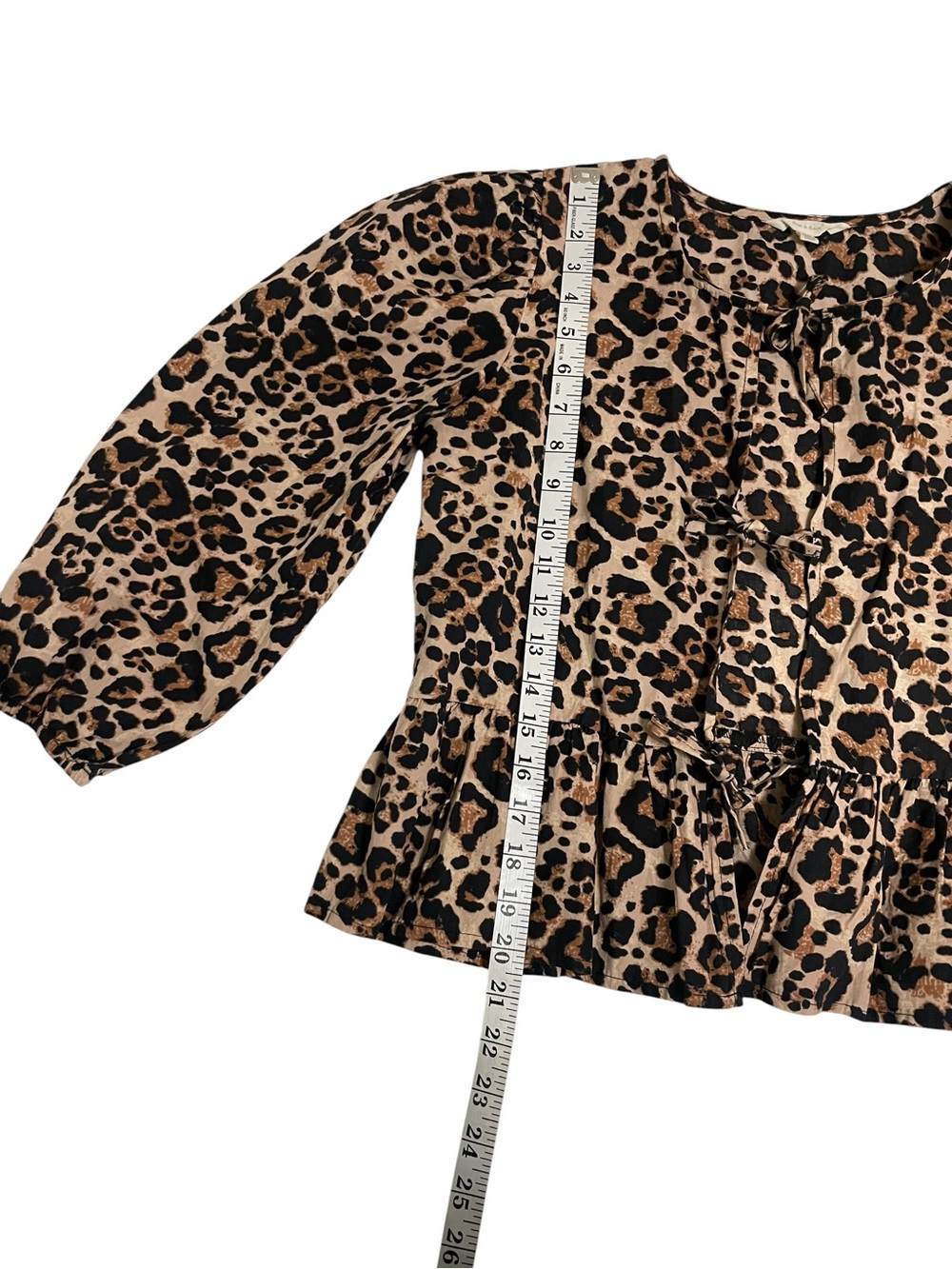 Sim & Sam Leopard Print Babydoll Peplum Tie Front Long Puff Sleeve Boho Top SZ M - Picture 7 of 16